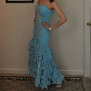 Sky blue fish tail style prom evening dress